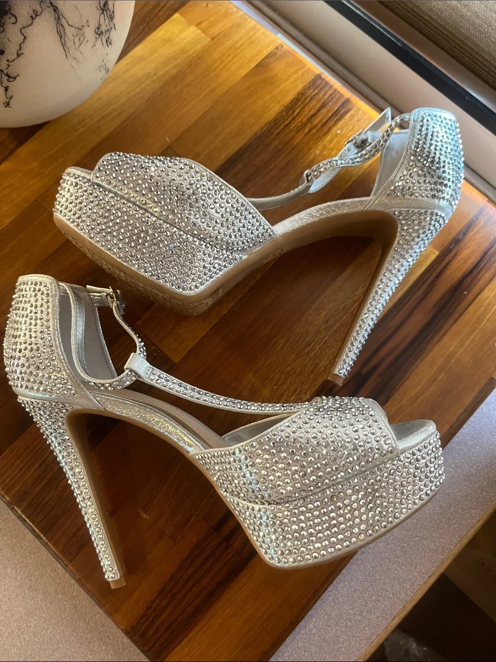 NEW!!Embellished Silver T-Strap Platform Heels - Women's Dress Shoes